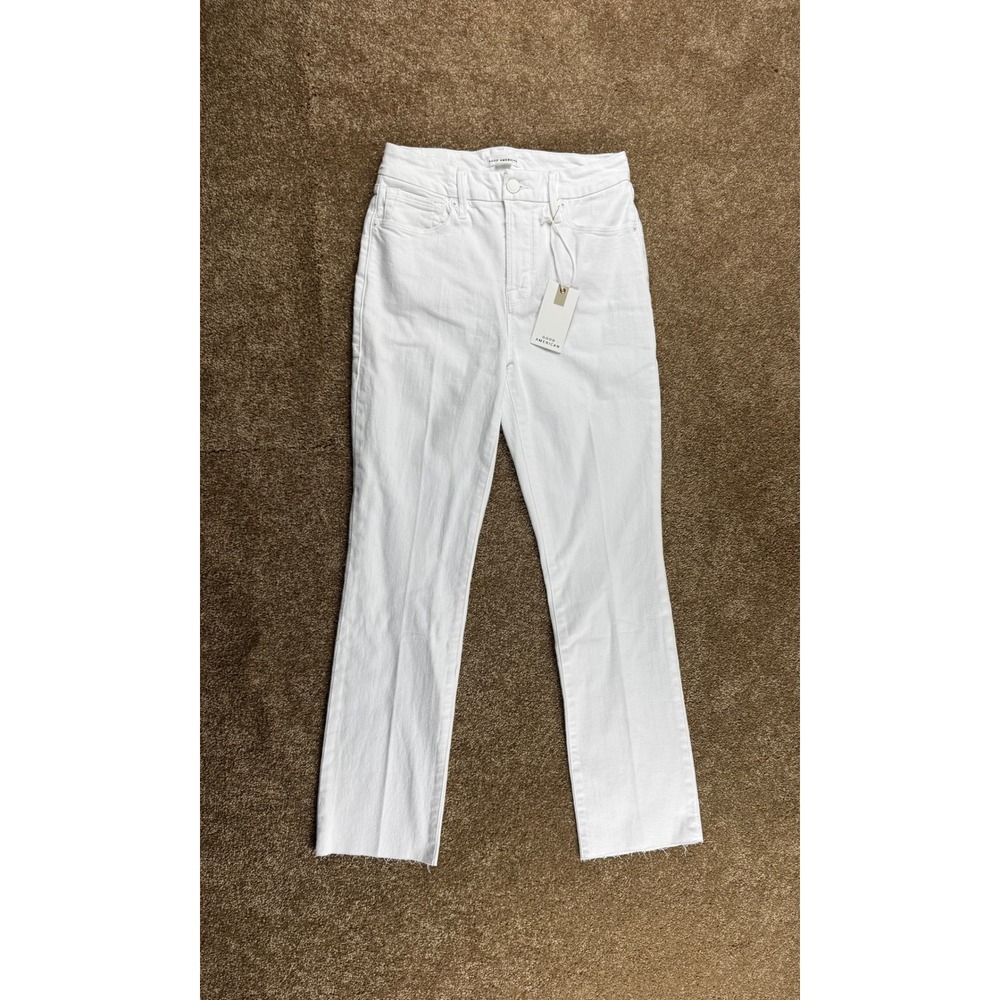 Good American Good Legs Straight White High Rise Raw Hem Jeans 2/26 $99 NEW - Picture 2 of 16